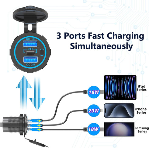 Cigarette Lighter Socket 12 Volt Plug,Qidoe Dual Quick Charger3.0 and PD 20W Waterproof 12 Volt USB Outlet with 150W 12V Cigarette Socket Panel fi...