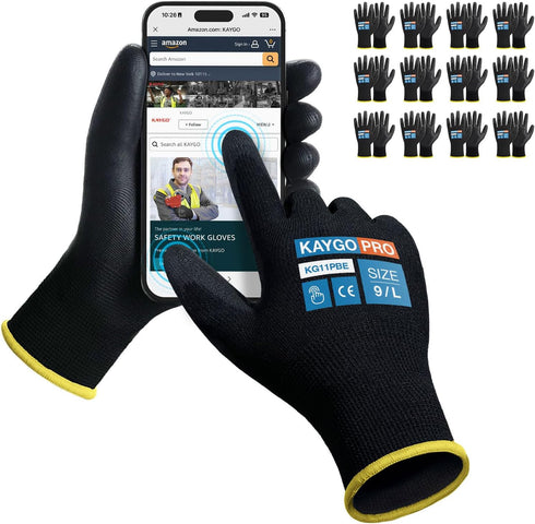 KAYGO Safety Work Gloves PU Coated for Men and Women- KG11PB,12 Pairs,Seamless Knit Glove with Two Fingers Touchscreen,Ideal for General Duty Work...