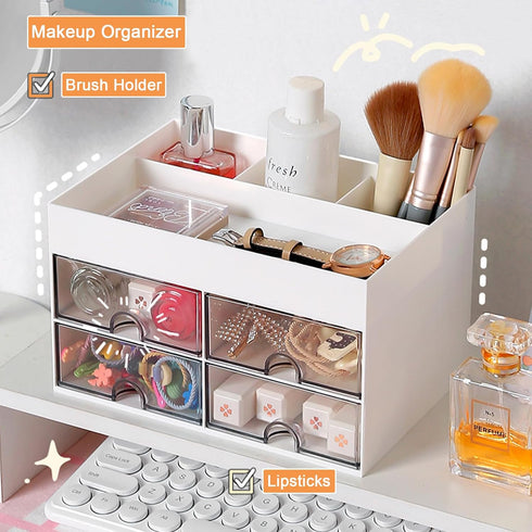 Desk Organizer and Accessories with 4 Compartments and 4 Drawers, Plastic Makeup Organizer, Pen Holder for Desktop Storage, Desk Organization for ...
