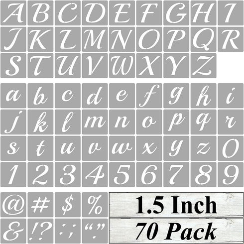 1.5 Inch Alphabet Letter Stencils for Painting - 70 Pack Letter and Number Stencil Templates with Signs for Painting on Wood, Reusable Cursive Let...