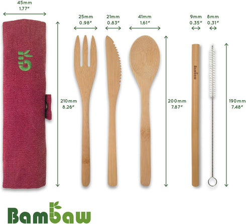 Bamboo Cutlery Set | Bamboo Silverware Set | Knife, Fork, Spoon, Straw| | Bamboo Flatware Set | Bamboo Utensils in Pouch | Wooden Eating Utensils ...