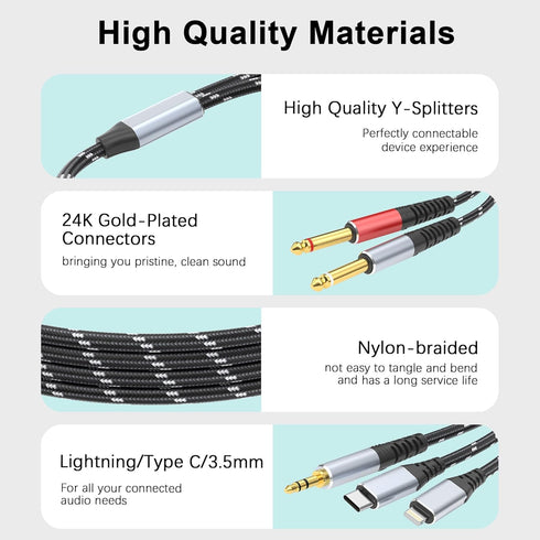 Lightning to Dual 6.35mm 1/4" TS Mono Stereo Y-Cable Splitter,3 in 1 to Dual 1/4-inch Audio Cable, Compatible with smartphones, computers, phones/...