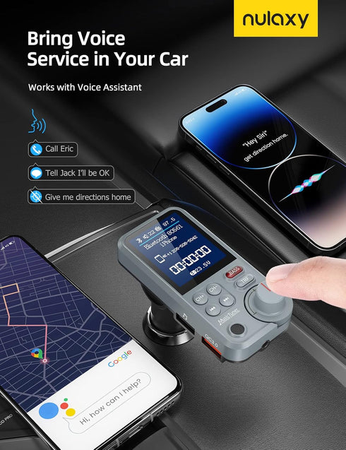 Nulaxy FM Bluetooth Transmitter for car, Strong Microphone Bluetooth Car Adapter with 1.8" Color Screen for Hands-Free Calls, Supports QC3.0 Charg...