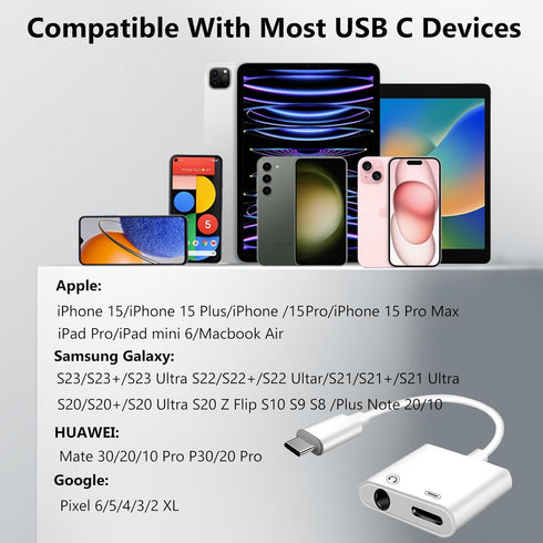 USB C to 3.5mm Headphone and Charger Adapter 2-Pack, 2-in-1 USB C to Aux Jack Dongle Cable Cord with PD Fast Charging for iPhone 15 Pro Max Plus, ...