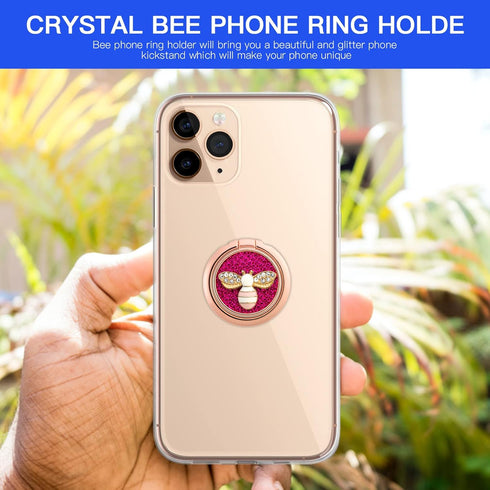 YINHEXI Phone Ring Holder Finger Kickstand, Cell Phone Ring Holder Finger Grip 360 Degree Rotation, with Crystal Stone Enamel Bee (Rose Red)...