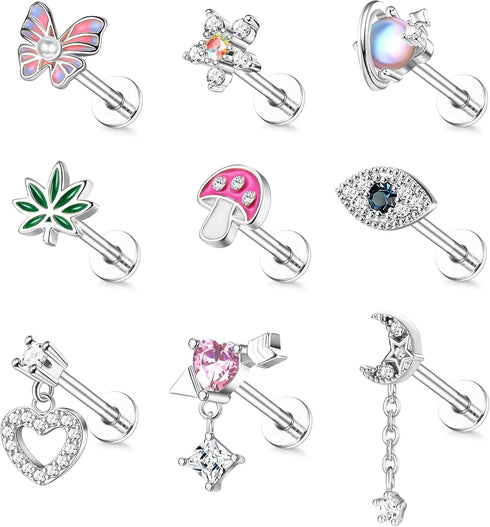 Sanfenly Tragus Stud Earrings 16G Stainless Steel Cute Butterfly Flower Moon Heart Dangle Cartilage Conch Helix Tragus Piercing Jewelry Set...