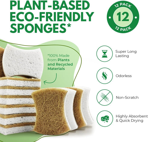 Biodegradable Natural Kitchen Sponge - Compostable Cellulose and Coconut Walnut Scrubber Sponge - Pack of 12 Eco Friendly Sponges for Dishes - Han...