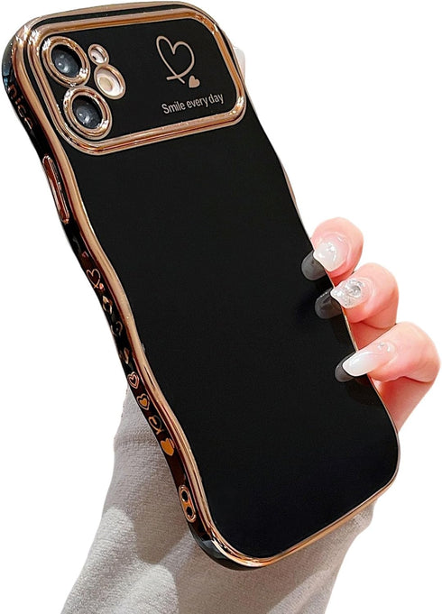 Compatible with iPhone 11 Case for Girls Women,Cute Curly Wavy Grip Design with Love Heart Pattern Case Plating Edge Full Camera Protection Soft S...