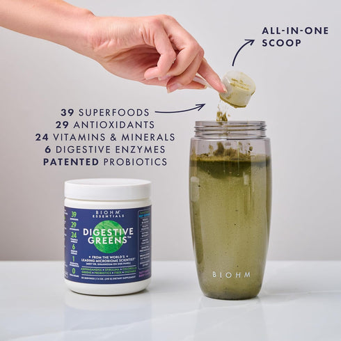 BIOHM Essential Digestive Greens, Green Superfood Powder with Antioxidants, Vitamins, and Probiotics, Super Greens, Digestion Supplement with Enzy...