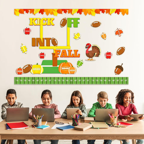 158pcs Kick Off into Fall Bulletin Board Set Thanksgiving Football Classroom Decorations Autumn Maple Leaves Cutouts with Glue Points for School C...
