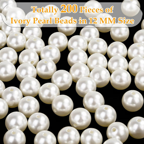 Pearl Beads for Craft, Anezus 200pcs Ivory Faux Fake Pearls, 12 MM Sew on Pearl Beads with Holes for Jewelry Making, Bracelets, Necklaces, Hairs, ...