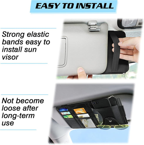 Car Sun Visor Organizer, Leather Pocket Organizer Sunglass Holder for Car Interior Accessories with Multi-Pocket Net Zipper (Black)...