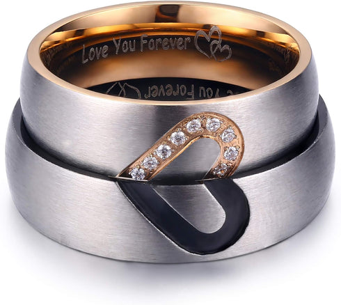 LAVUMO Matching Promise Rings for Couples Love You Forever Wedding Bands Sets for Him and Her Half Heart Rings Stainless Steel 6mm with Box Comfor...
