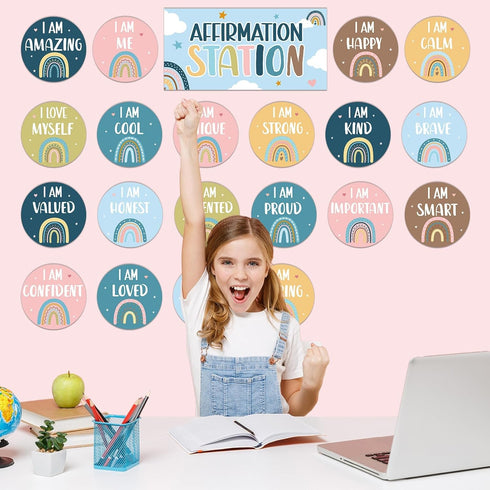 Boho Affirmation Station Bulletin Board Set Rainbow Positive Bulletin Board for Classroom Decorations Inspirational Motivational Accent Cutouts fo...