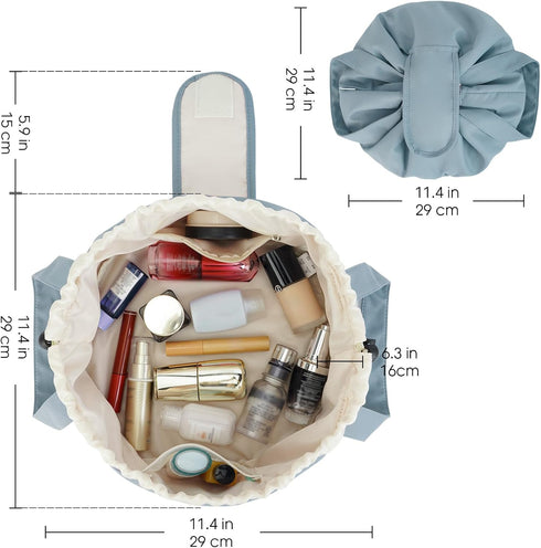 Barrel Drawstring Makeup Bag Large Cosmetic Bag Make up Bags Toiletry Organizer for Women (Greyish Blue) (Patent Pending)...