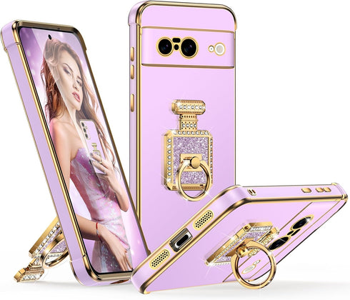 Silverback for Pixel 8 Case with Stand, Phone Case with Ring & Mirror Kickstand, Women Girls Bling Luxury Cover for Google Pixel 8, Purple...