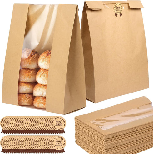 Paper Bread Bags - 35 Pack - Homemade Bread Storage Bags with Clear Window Includes Label Seal Stickers -Bakery Packaging Bags for Cookies, Bread,...