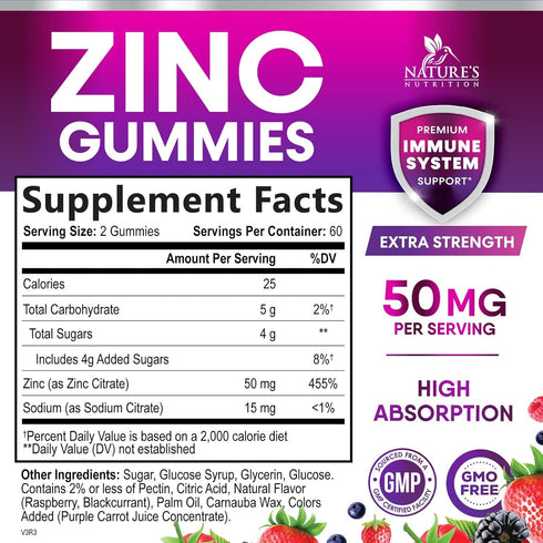Zinc Gummies for Adults 50 mg - High Absorption Immune Health Support Gummy & Antioxidant Chewable Supplement, Zinc Vitamin for Men and Women, Veg...