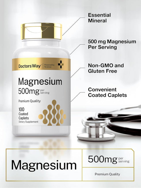 Doctor's Way Magnesium Supplement 500mg | 100 Coated Caplets | Magnesium Oxide | Vegetarian, Non-GMO, Gluten Free...