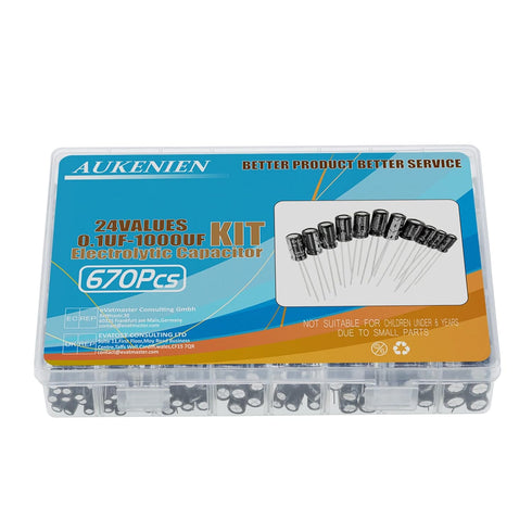 AUKENIEN Electrolytic Capacitor Kit 24 Values 670pcs Aluminum Industrial Electrical Radial Capacitors Assortment Set from 0.1uF to 1000uF 10V 16V ...