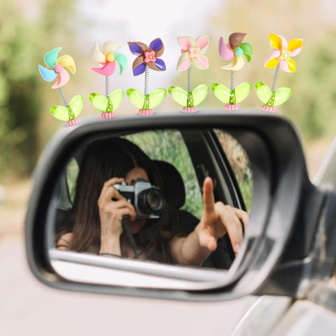Cute Windmill Car Dashboard Decorations, 6 Pcs Mini Paste Shaking Head Windmill Car Mirror Dashboard Plant Decor for Car Interior Home Office Desk...