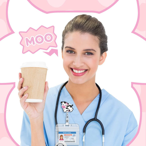 3 Pieces Cow Badge Reel Retractable Badge Reels Cute Name Badge Holder with Swivel Clip Funny Nurse Badge Reel for Office School Worker Doctor Nur...