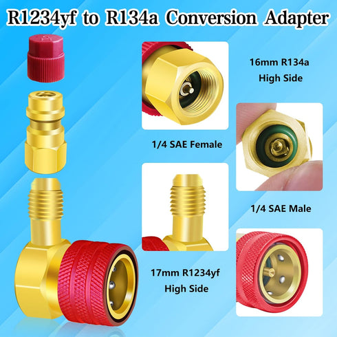 R1234yf to R134a Aadapter, 90 Degrees R134a to R1234yf Adapters, High/Low Pressure Side R1234yf Quick Couplers kit, R1234yf to R134a Conversion Ad...