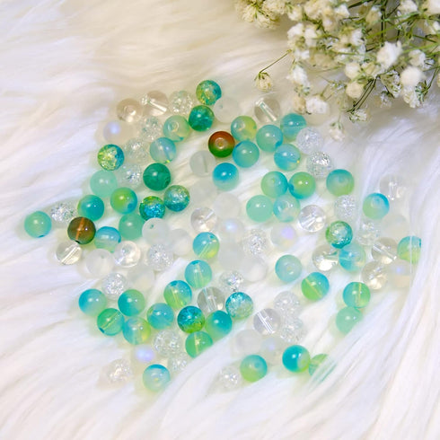 Niziky 100PCS Glass Beads for Jewelry Making, Mix 8MM Green Crackle Lampwork Glass Beads Aurora Crystal Beads Matte Gemstones Spacer Beads Kits fo...