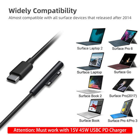 Surface Connect to USB-C Charging Cable (Black 6ft), Compatible for Microsoft Surface Pro 10/7/6/5/4/3 Go3/2/1 Laptop4/3/2/1, Must Works with 45W ...