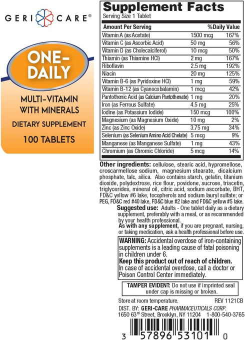 GeriCare One-Daily Multi-Vitamin & Minerals, Dietary Suplement Tablets (100 Count (Pack of 1))...