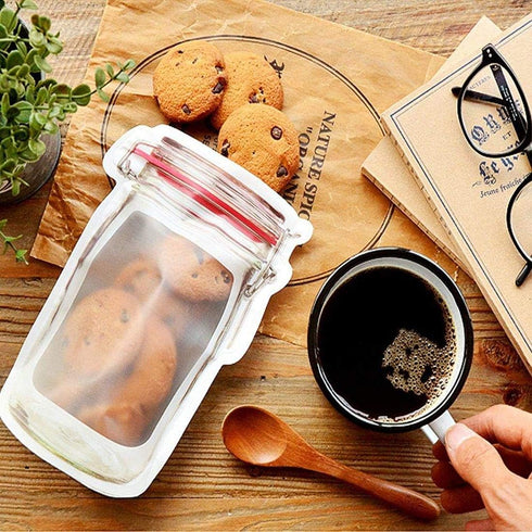 50Pcs Mason Jar Pattern Food Storage Bag Reusable Portable Stand Up Smell Proof Ziplock Bags Snack Saver Container Retail Package Bag Frosted Pouc...