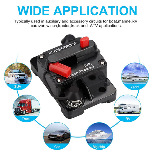 30 AMP Audio Circuit Breaker,12V-48V DC Fuse Holder,30-300A Breaker Switch,Inline Circuit Breaker with Reset Button,for Automotive Marine Boat Aud...