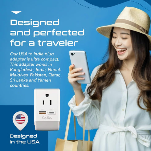 Ceptics US to India Plug Adapter, Type D Plug Adapter QC 3.0 & PD, Safe USB & USB-C 18W, India Plug Adapter Fast Charging - 2 USA Socket Compact &...