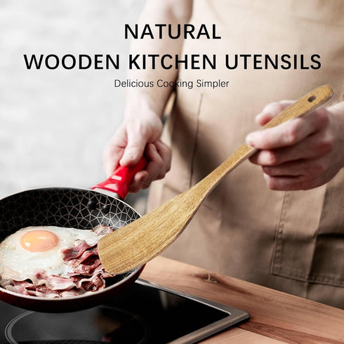Curved Wooden Spatula for Cooking, 12.5inch Wood Turner for Frying, Non-Scratch Wood Flat Spurtle for Pan & Wok, Acacia Wooden Cooking Utensils fo...