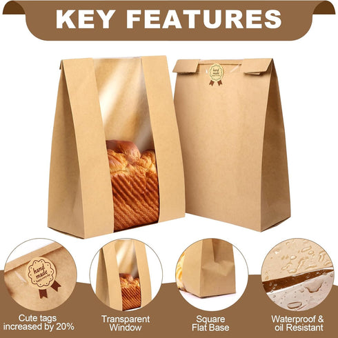 Large Paper Bread Bags for Homemade Bread Sourdough Bread Bags Large Paper Bakery Bag with Window for Baked Food Packaging Storage,Label Seal Stic...
