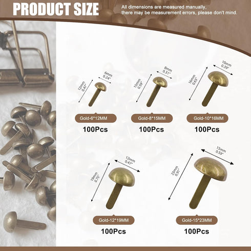 Wokape Paper Fasteners Brads Round Fasteners (Bronze) - 500Pcs 5 Sizes Mushroom Head Round Paper Fasteners Metal Brads Decorative Brads...