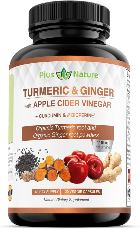120 Capsules of USDA Organic Turmeric Root Powder, USDA Organic Ginger Powder and Apple Cider Vinegar Powder with Curcumin (95% Curcuminoids) and ...