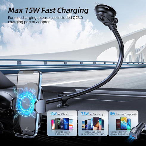 APPS2Car Wireless Car Charger 15W Fast Charging Car Phone Holder Charger Wireless Car Charger Mount for Dashboard Windshield Air Vent Compatible w...