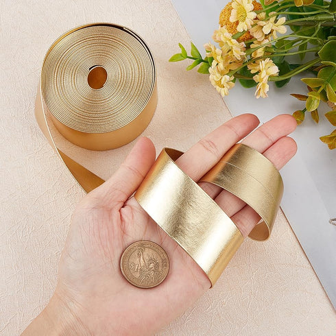 GORGECRAFT 5.5Yds Gold Metallic Leather Strip 1.2" Wide Flat Glossy Pu Leather Straps Shiny Leather Lace Stripper Beading String Ribbon Double Sid...