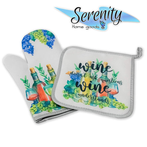 Decorative Kitchen Hot Plate Pot Holder Oven Mitt Set | Wine And Grapes Purple Green Novelty Spring Summer Fall | White Home Decor Holiday Decorat...