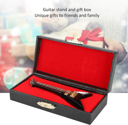 Pssopp Wooden Miniature Electric Guitar Mini Black Musical Instrument Miniature Dollhouse Guitar Model with Stand and Case for Dollhouse Decoratio...