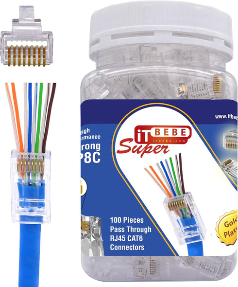 ITBEBE 100-Pack RJ45 Cat6 Pass Through Connectors – High Performance Cat6 Connector (RJ45 Connectors/Ethernet Connector / Cat6 Connectors / 8P8C /...