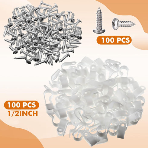 Hicarer 100 Pack R-type Clip Cable Fastener Wire Clamp Nylon Screw Mounting Electrical Grip Wire Clips with 100 Pack Screws for Wire Management (1...