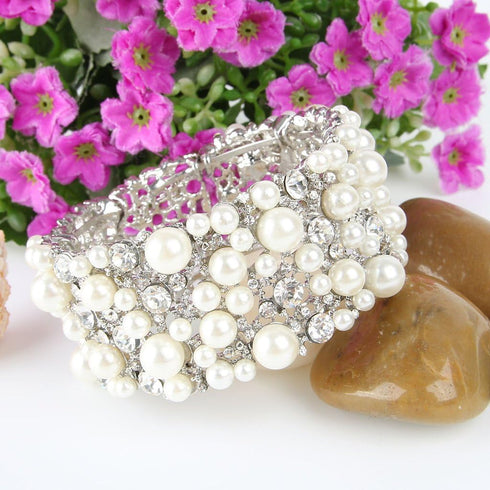 EVER FAITH Women's Wedding Jewelry Austrian Crystal Cream Simulated Pearl Bridal Cuff Bracelet Clear Silver-Tone...