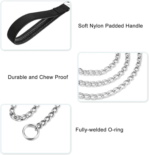 Metal Dog Leash, Integrated Dog Collar and Leash, 4ft Chew Proof Dog Chain Leash with P Chain Slip, Heavy Duty Sturdy Pet Dog Leash with Padded Ha...