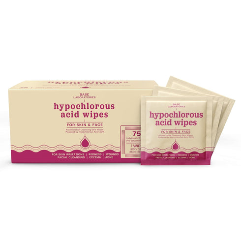 BASE LABORATORIES Hypochlorous Acid Wipes | Saline Solution and HOCl Infused Wound Cleaning Wipes for Skin & Face | Cleanses, Sanitizes & Soothes ...