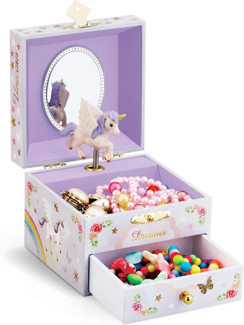 RR ROUND RICH DESIGN Kids Musical Jewelry Box for Girls with Drawer and Jewelry Set with Brave Unicorn - Beautiful Dream Tune Purple...