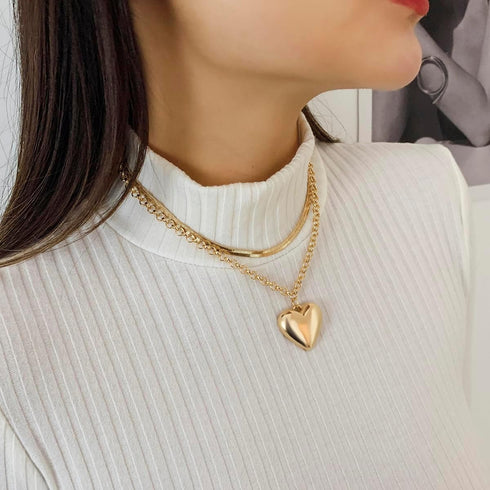 Layered Chunky Heart Choker Necklace - Gold Plated Heart Pendant Herringbone Snake Chain Y2K Grunge Jewelry Gifts for Women...
