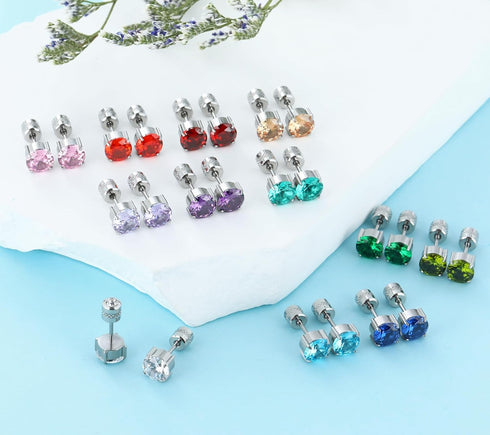 Titanium Flat Back Surgical Stainless Steel Stud Earrings for Women Men,Birthstone Stud Earrings Hypoallergenic Double Side 5A Cubic Zirconia Stud...