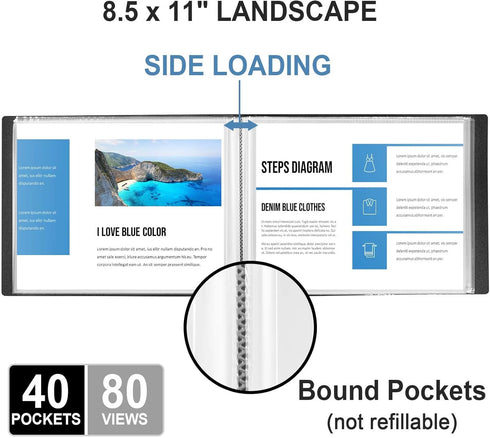 8.5 x 11 Landscape Binder with Sleeves- 40 Pocket Presentation Book Displays 80 Page 8.5" x 11" Letter Size Papers, Horizontal Sheet Protector Por...